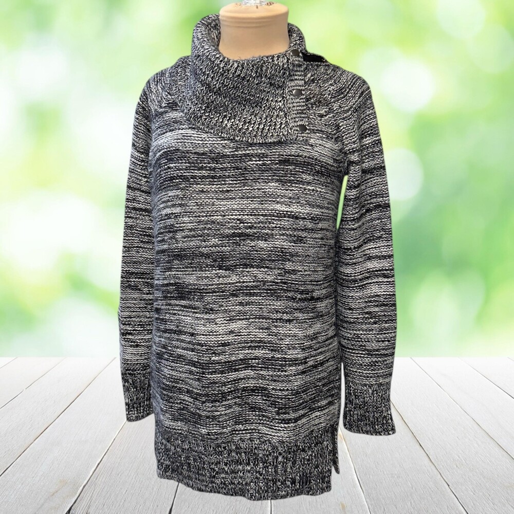 CYNTHIA ROWLEY Wool Blend Tunic Sweater Asymmetric Cowl Neck Marled Black Size M